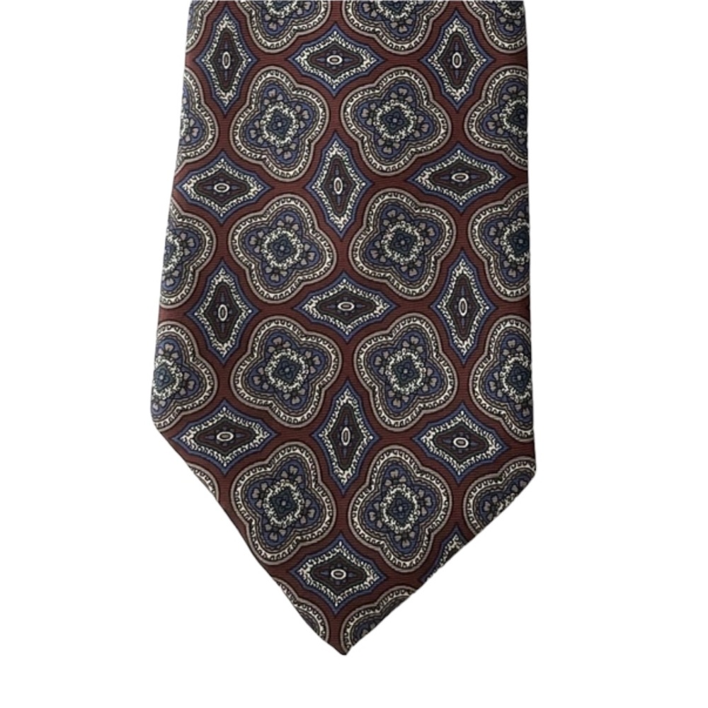 🎉 Isaco Tie Silk Mens Made in Italy Burgundy Blue White Tan Excellent Co…